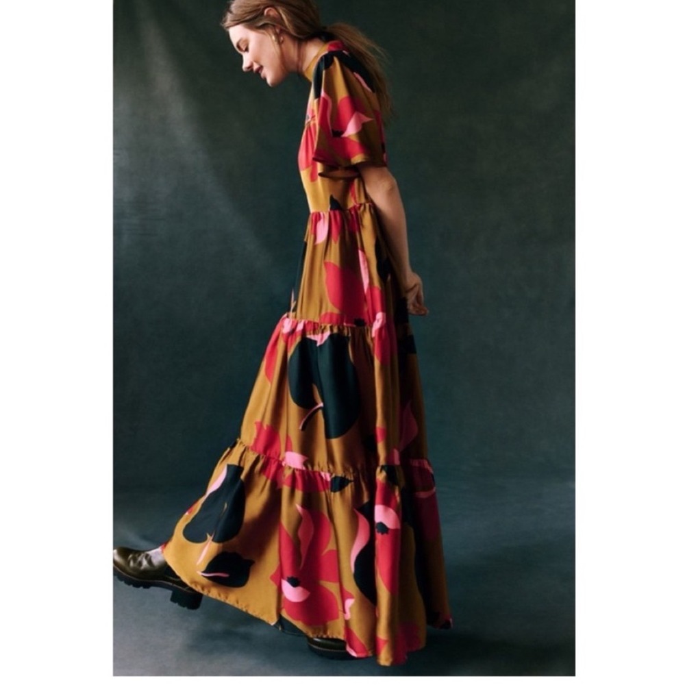 Corey Lynn Calter Anthropologie Gianna Tiered Maxi Dress Mock Neck Mustard Small